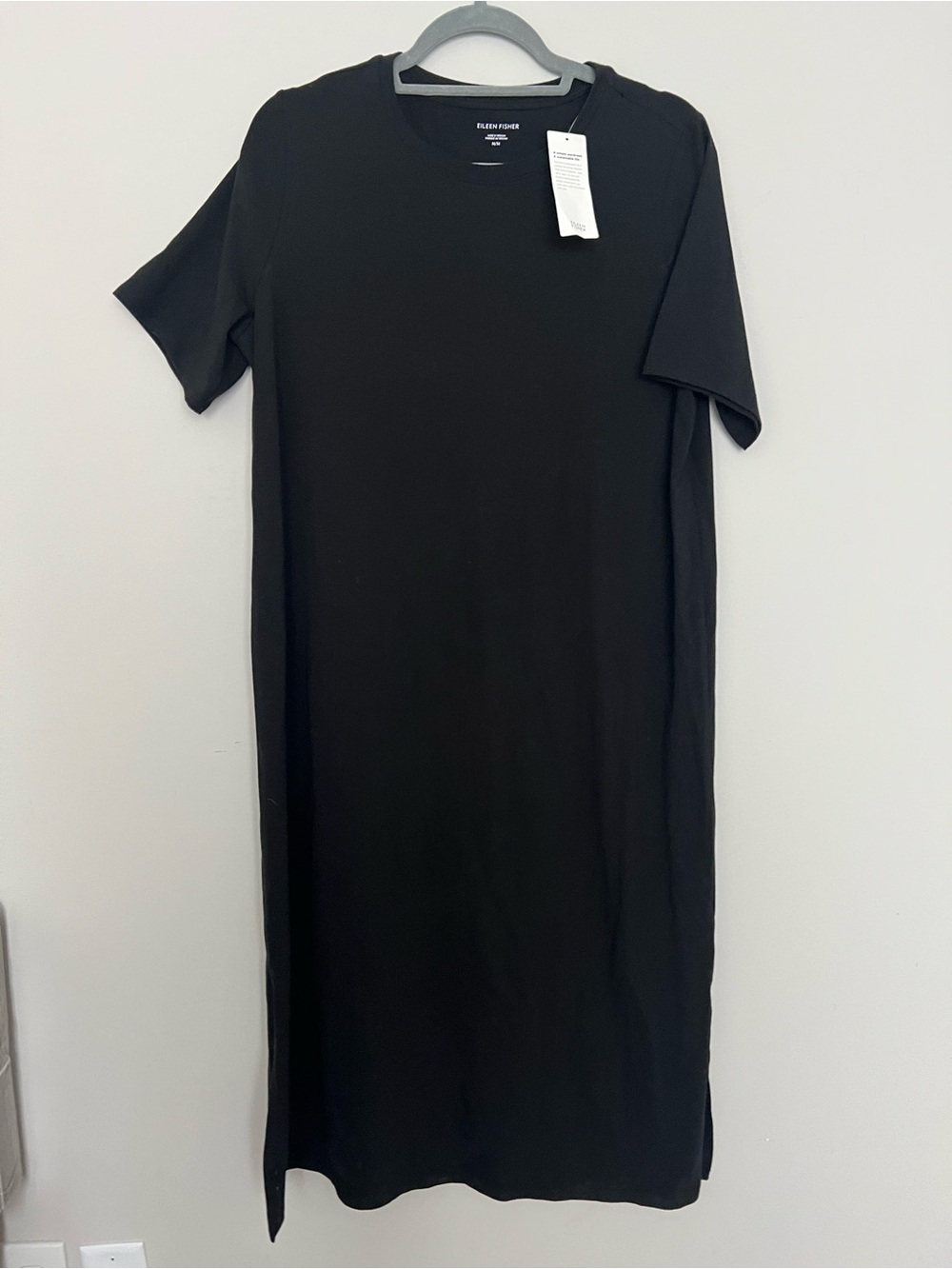 Eileen Fisher NWT Black Organic Cotton Jersey Maxi T-Shirt Dress Side Slits M